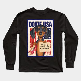 Doxie fun red white and blue patriotic Black Dachshund with Red Shoe USA Long Sleeve T-Shirt